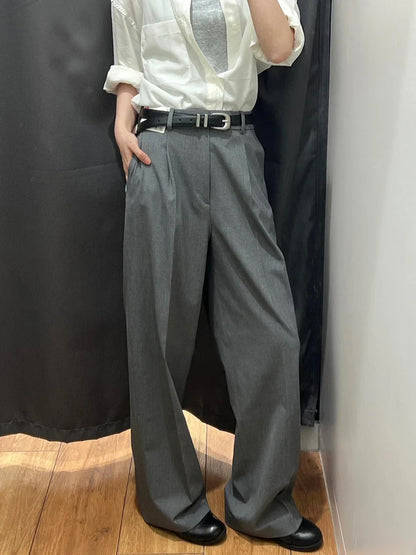 Elegant Gray Pleated Wide Leg Pants