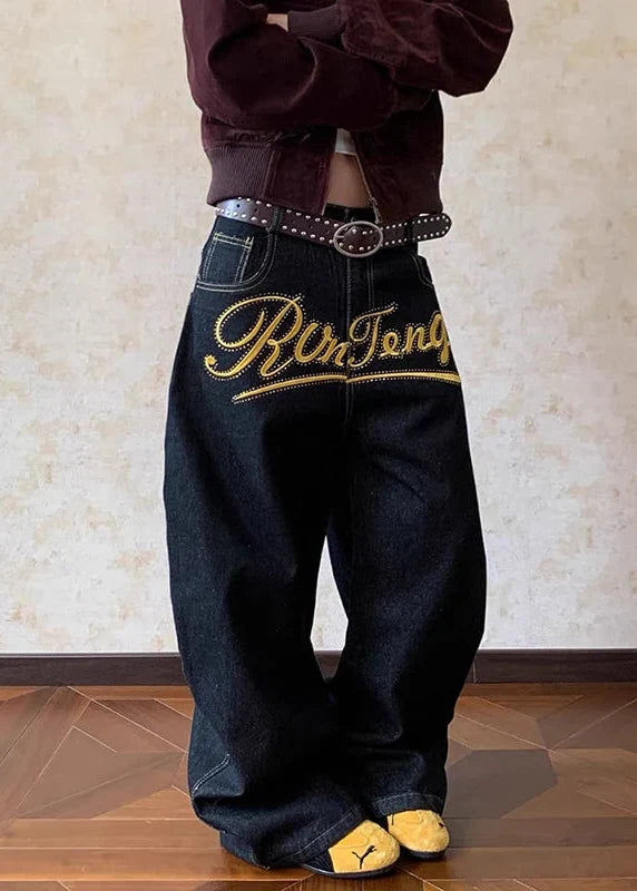 Y2K Korean Style Letter Print Denim Jeans