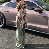 Women Chic Retro Floral Print Wide Leg Jeans
