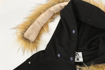 Y2K Retro Graffiti Zip-Up Fur-Collar Hooded Sweatshirt