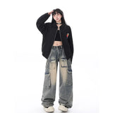 Women Cute Trendy High Waist Wide Leg Blue Jeans