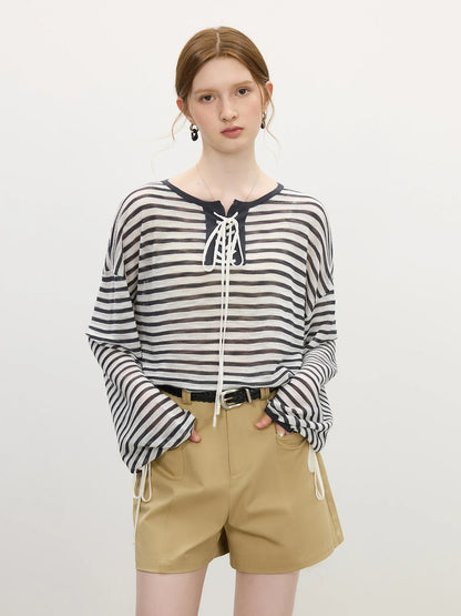 Elegant Striped French Holiday Long-Sleeved T-Shirt