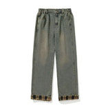 Plaid Distressed Straight Denim Jeans