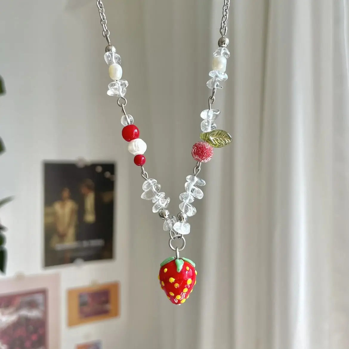 Aesthetic Handmade Beaded Strawberry Pendant Necklace