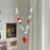 Aesthetic Handmade Beaded Strawberry Pendant Necklace