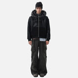 Gothic Letter Faux Fur Hooded Leather Jacket