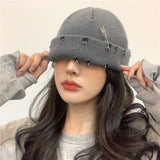 Y2K Knitted Ripped Pierced Beanie