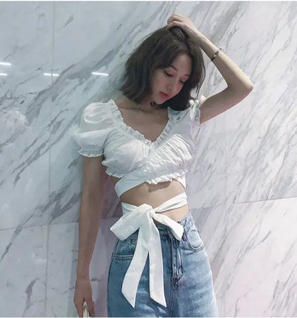 Ruffled Cut-Out Wrap Top
