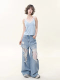 Women Vintage Lace Loose Fit Wide Jeans