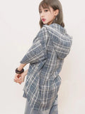 Women Hip Hop Retro Plaid Loose Hooded Blouse Shirt