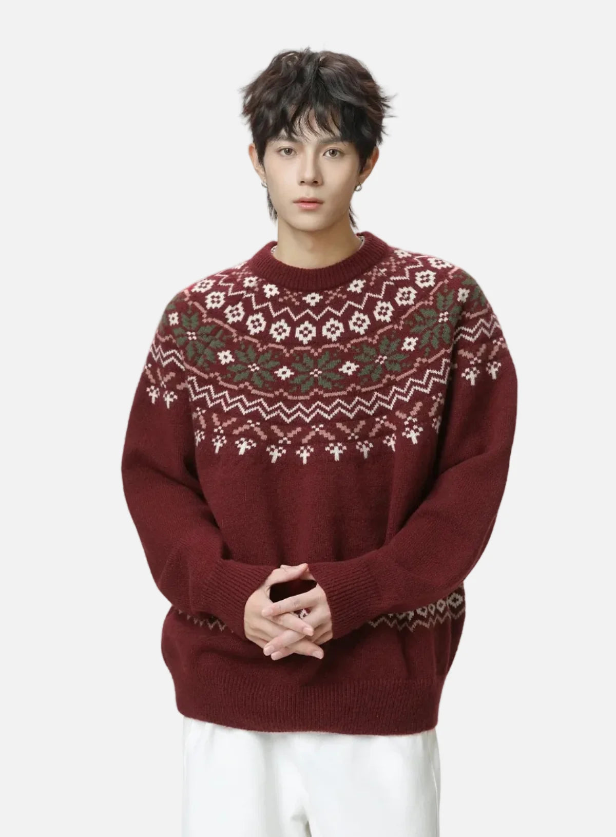 American Style Oversized Fair Isle Crewneck Sweater