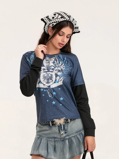 Women Patchwork Gothic Crew Neck T-Shirt