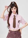 Y2K Women Streetwear Vintage Striped Tie Blouse Shirt