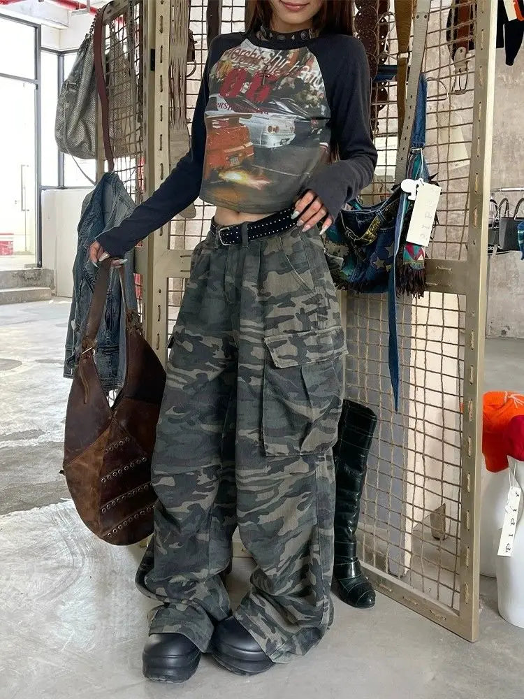 Vintage Washed Camouflage Print Wide Jeans