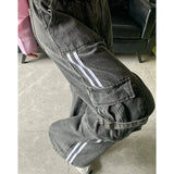 Women Retro Comfort Vintage Blue High Waist Cargo Jeans
