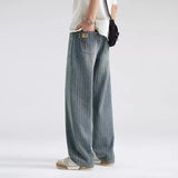 Vintage Blue Striped Autumn Wide Leg Denim Jeans