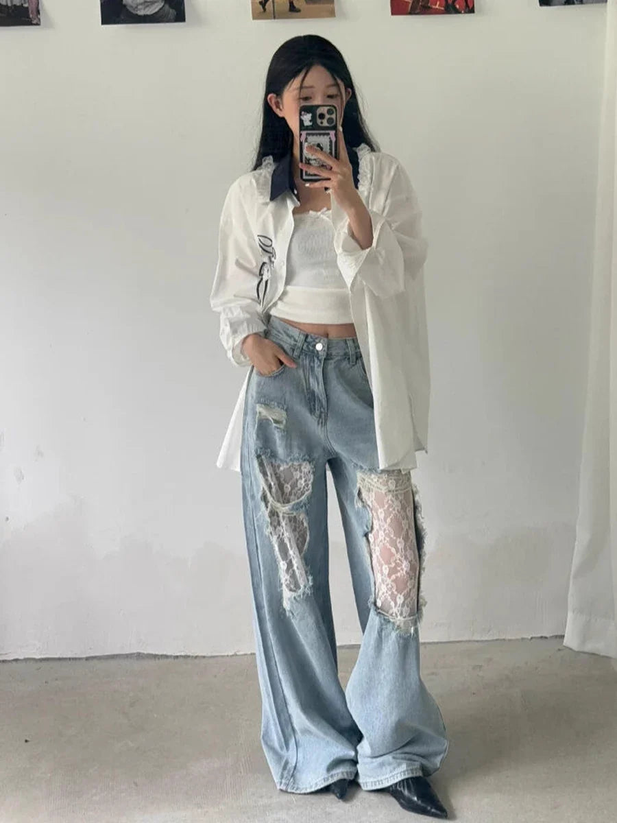Women Retro Chic Lace Baggy Jeans