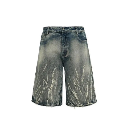 Lightning Pattern Washed Cropped Denim Jorts