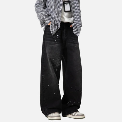 Japanese Style Washed Splatter Relaxed Fit Jeans
