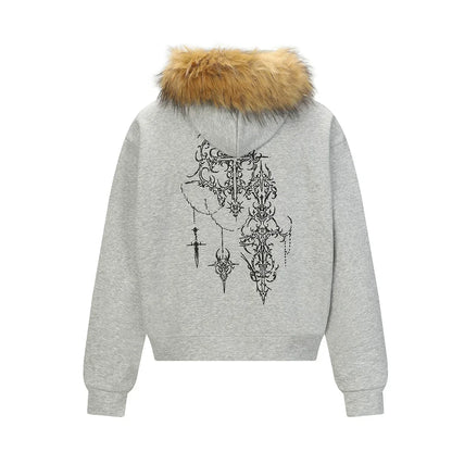 Y2K Retro Graffiti Zip-Up Fur-Collar Hooded Sweatshirt