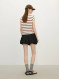 Women Casual Striped Knit Sleeveless Button Collar T-Shirt