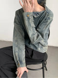 Y2K Washed Buckle Collar Motorcycle Denim Jacket