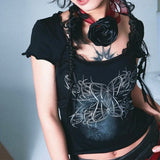 Vintage Lace Patchwork Black Print T-Shirt