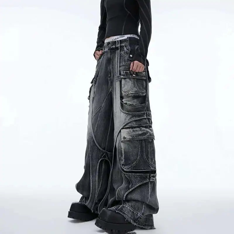 Patchwork Irregular Ribbon Wide Leg Baggy Jeans