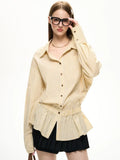 Yellow Striped Patchwork Pleated Dress Shirt