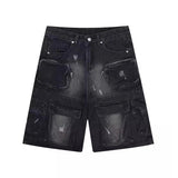 Black Effortless Destroyed Wide Leg Denim Short