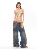 Retro Patchwork Leather Studded Distressed Jeans