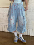 Chic Striped Heart Embroidery Cargo Denim Jorts