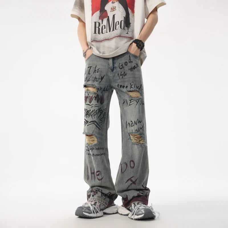 Sporty Edge Graffiti Loose Straight Retro Jeans