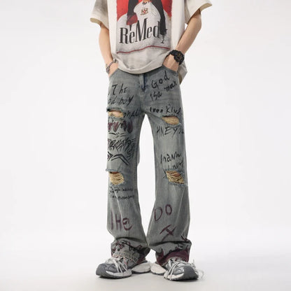 Sporty Edge Graffiti Loose Straight Retro Jeans