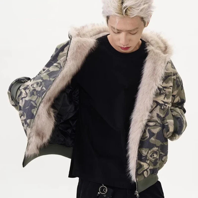 Warm Camouflage Faux Fur Hooded Parka Jacket