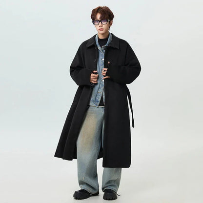 Lightweight Plaid Single Breasted With Belt Woolen Coat