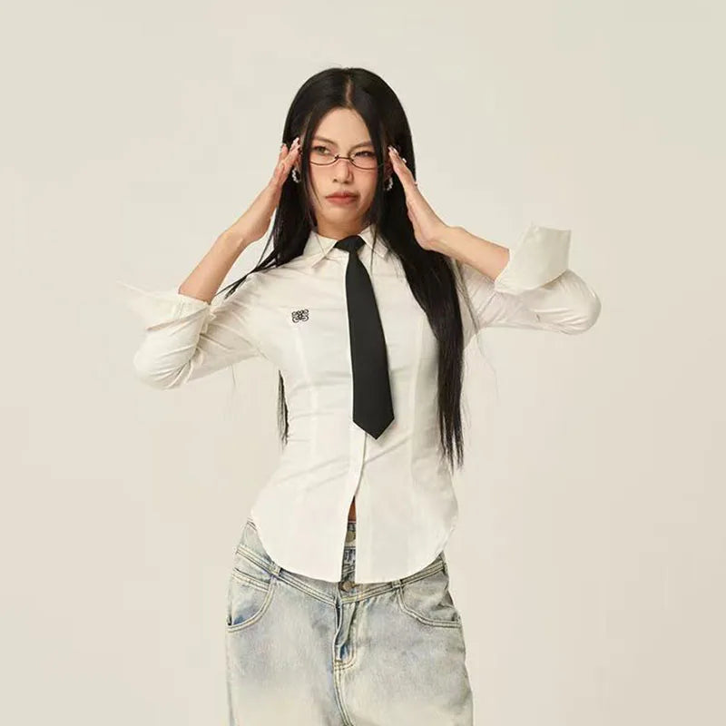 Women Stylish Trendy White Slim Fit Tie Shirt