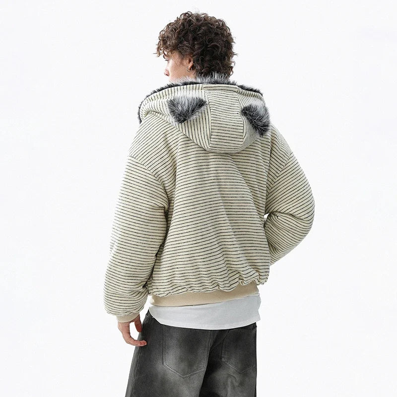 Brushed Striped Rabbit Faux Fur Hooded Jacket