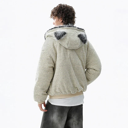Brushed Striped Rabbit Faux Fur Hooded Jacket