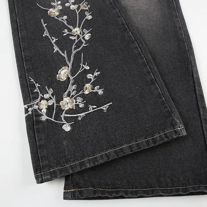 Floral Embroidered Flared Jeans