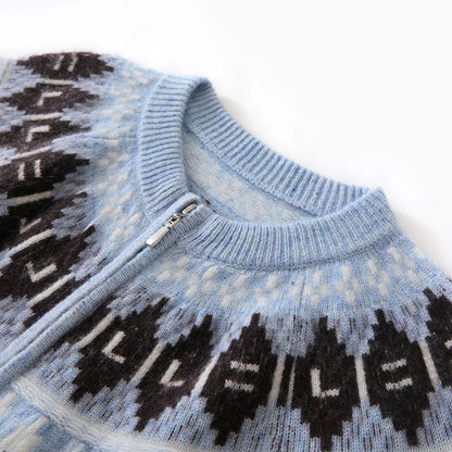 Thick Vintage Jacquard O-Neck Zipper Cardigan