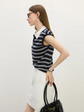 Women Casual Striped Knit Sleeveless Button Collar T-Shirt