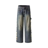 Vintage Distressed Cutting Wide Leg Denim Jeans