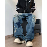 Embroidered Star Patchwork Wide Leg Jeans