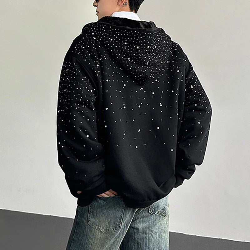 Diamond Patchwork Hooded Faux Fur Sweatshirt