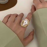 Geometric Imitation Pearl Gold Plated Ring