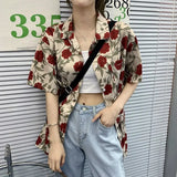 Women Korean Style Vintage Rose Print Short Sleeve Shirt