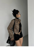 Women Retro Slim Stand Collar Leather Jacket