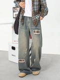Vintage Flex Waist Patch Ripped Straight Leg Jeans