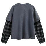 Plaid Patchwork Fake Two-Piece Long Sleeve T-Shirt